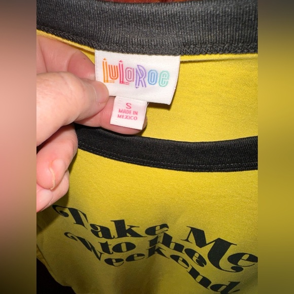 Lularoe Small yellow Liv graphic T “ Take Me To The Weekend” with black ringer - Picture 3 of 7